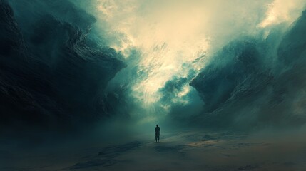 A solitary figure stands in a surreal landscape with dramatic clouds and rugged terrain, evoking mystery and adventure.