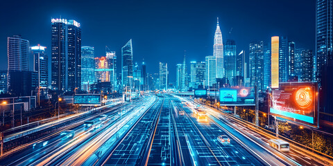 Fototapeta premium Futuristic Smart City at Night with Digital Traffic Streams