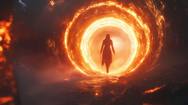 Human soul levitates in the abstract space surrounded by light and energy. portal to another world. afterlife, immortality spirituality concept. spirit travelling through time. Immortal. Illustration