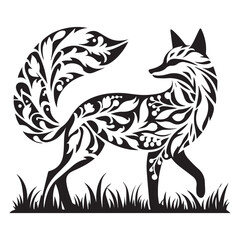 Obraz premium Fox silhouette in bohemian, boho, nature illustration. fox head art, vector illustration. Double exposure with fox and flowers, decorative concept. Poster, card or t-shirt design
