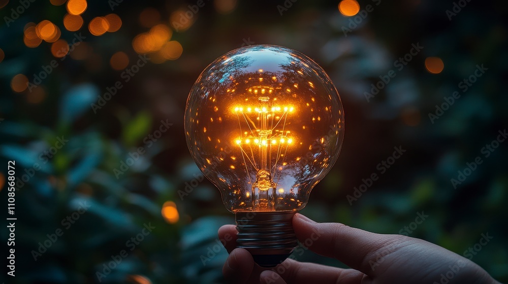Poster glowing light bulb held in hand with a bokeh background