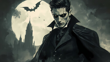 Obraz premium Mysterious vampire character in chilling gothic illustration. Immortal. Illustration