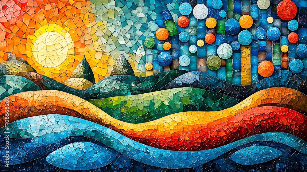 Poster vibrant and seamless tile design featuring abstraction with colorful elements, nature landscape in m