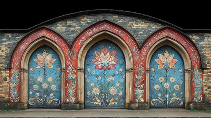Fototapeta premium Vibrant Street Mural Showcasing Beautiful Floral Designs on Archways in Urban Setting