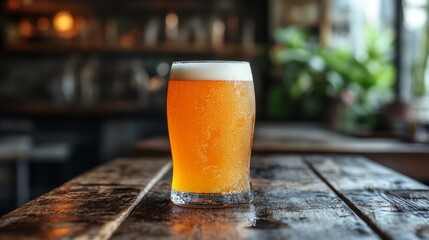 Refreshing glass of beer served in a cozy setting