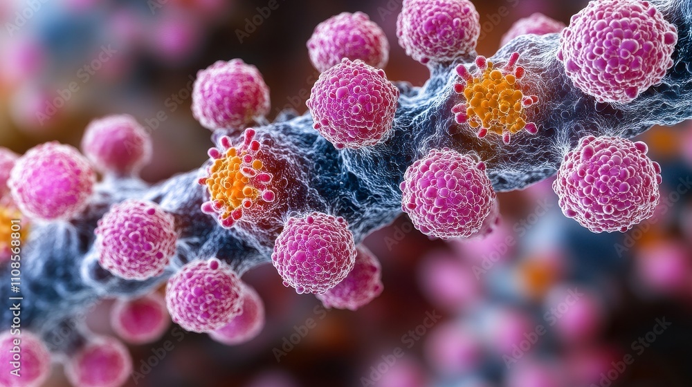 Poster close-up view of colorful virus particles under a microscope