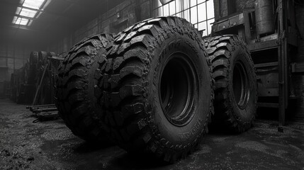 Rugged tires stacked in a dimly lit industrial warehouse