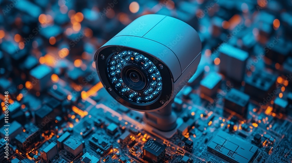Poster advanced security camera technology on a circuit board backdrop