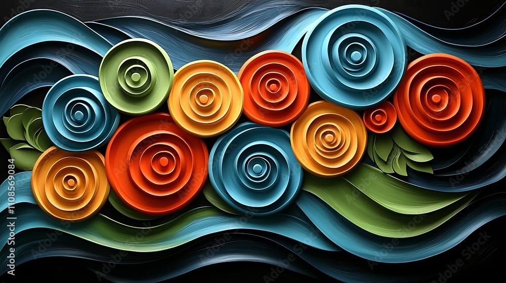 Poster vibrant abstract artwork featuring layered circles and floral elements in a dynamic composition of b