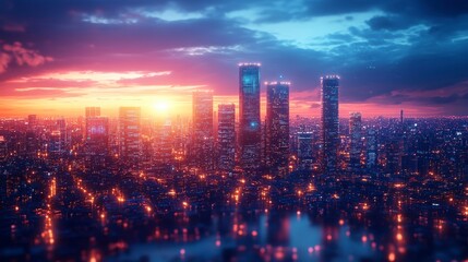 Vibrant city skyline at sunset with glowing lights and dramatic clouds