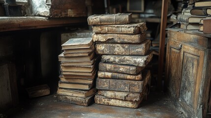 A collection of old, worn books stacked on a wooden surface