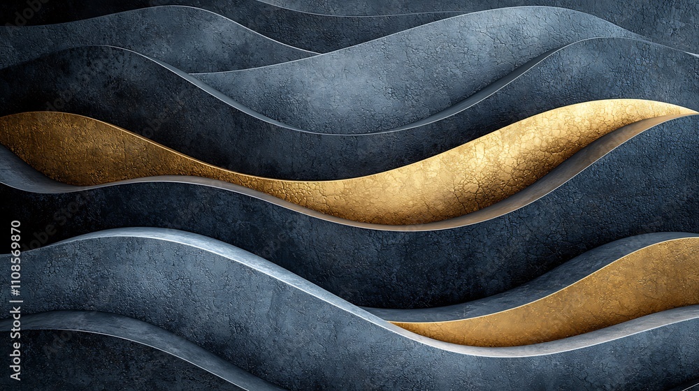 Poster an intricate composition of elegant lines and curves in contrast of dark textures and bright gold ac