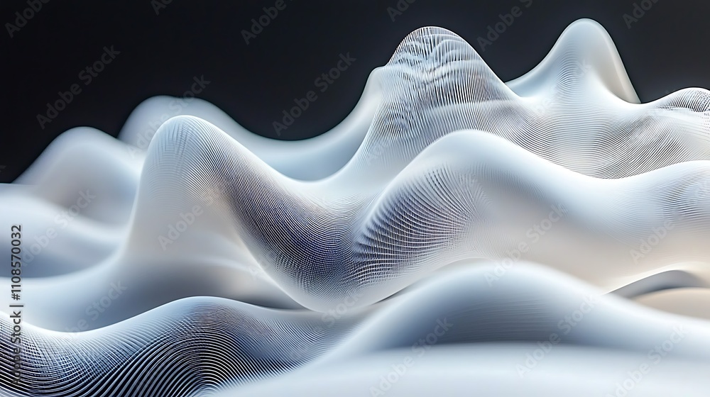 Poster an array of delicate lines forming an abstract landscape of soft, flowing shapes in monochrome, evok