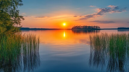 Fototapeta premium Serene sunset over calm lake with reflections and lush greenery