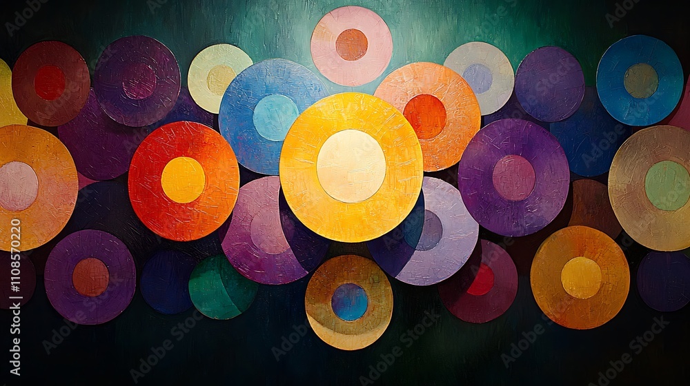Poster vibrant artistic backdrop featuring swirling patterns of colorful circles in various sizes against a