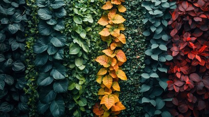 Vibrant vertical garden with diverse plant varieties in rich colors