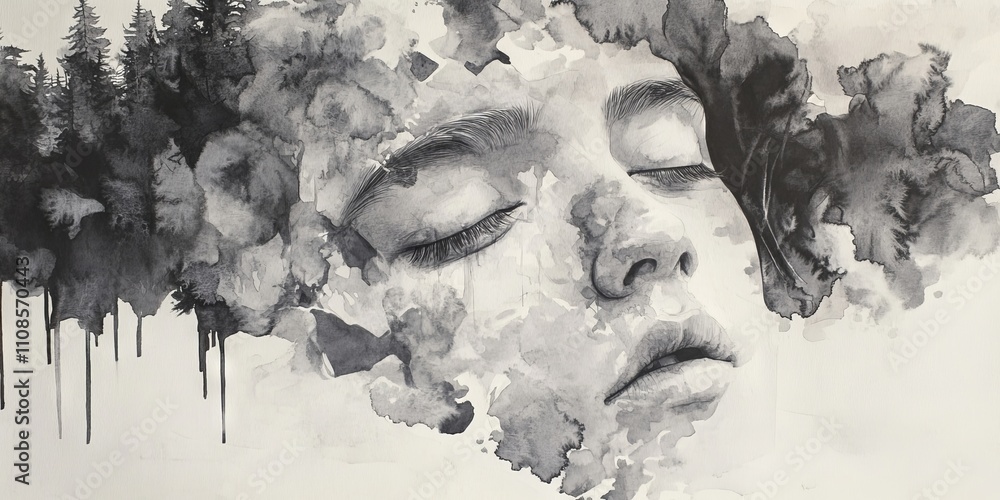 Poster surreal watercolor artwork depicting a serene face blending with abstract forest elements, creating 