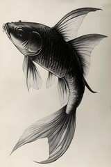 A detailed black and white illustration of a goldfish, showcasing its elegant fins and scales, with intricate detailing that highlights the beauty of aquatic life.