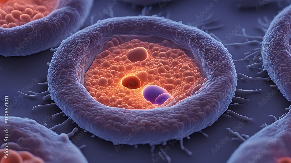 Poster a microscopic view of a glowing cell dividing, with embedded nanotechnology structures visible withi
