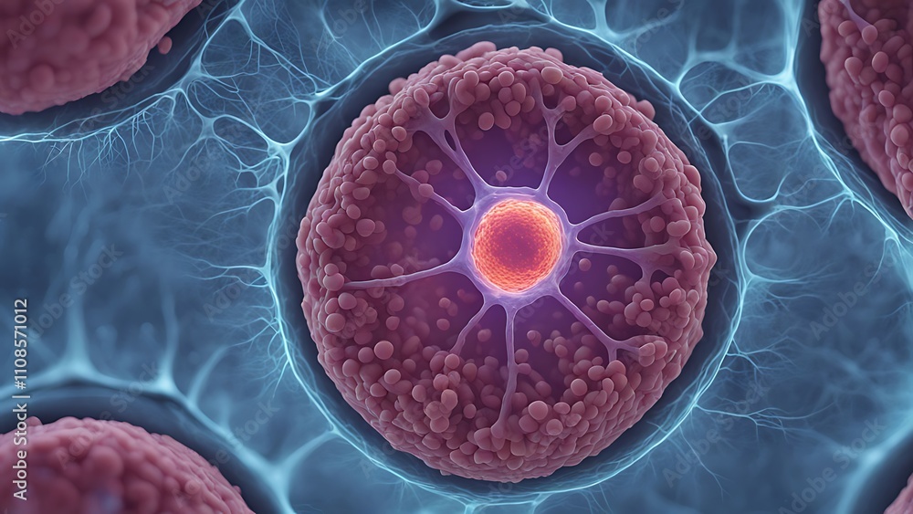Poster a microscopic view of a glowing cell dividing, with embedded nanotechnology structures visible withi