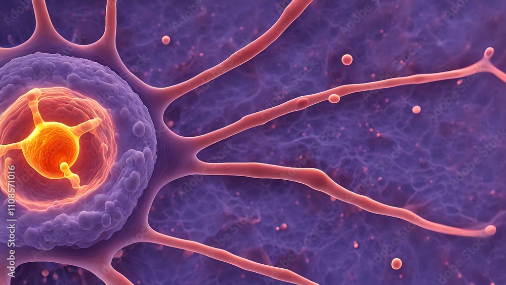 Poster a microscopic view of a glowing cell dividing, with embedded nanotechnology structures visible withi