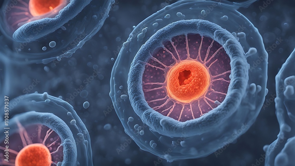 Poster a microscopic view of a glowing cell dividing, with embedded nanotechnology structures visible withi