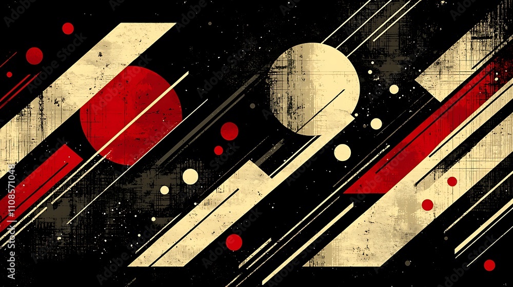 Poster an eclectic arrangement of graphic elements featuring bold colors and dynamic shapes on a distressed