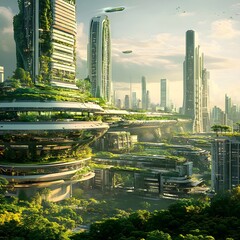Obraz premium Urban Evolution showcases a cityscape with futuristic architecture and expansive green spaces, symbolizing the growth and development of urban environments.