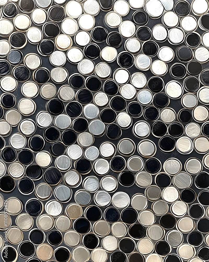 Aufkleber abstract pattern of metallic circular surfaces in varying shades of silver, gray, and black, creatin