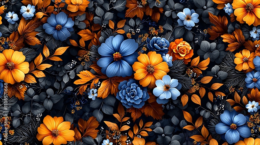 Poster an intricate pattern of hand-drawn geometric shapes featuring vibrant floral elements and rich color