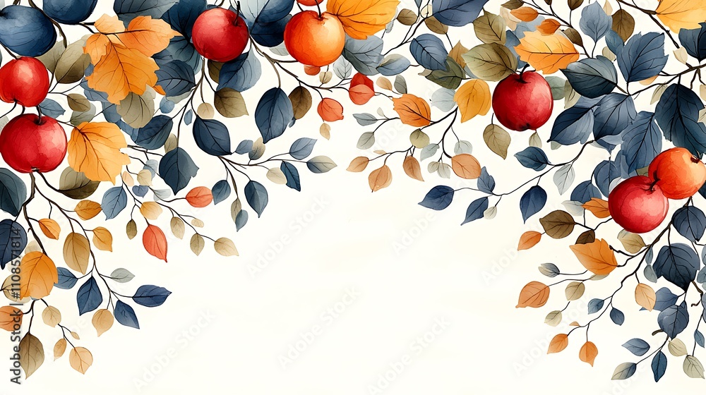 Poster an intricate pattern of hand-drawn geometric elements featuring vibrant leaves and apples in rich co