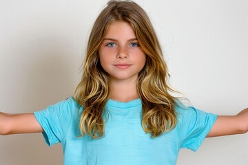 Obraz premium Empowering self-expression a young girl in a blue shirt poses confidently indoors capturing youthful spirit and joy