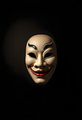 A white Chinese opera mask with red lips on a black background. Ai generated.