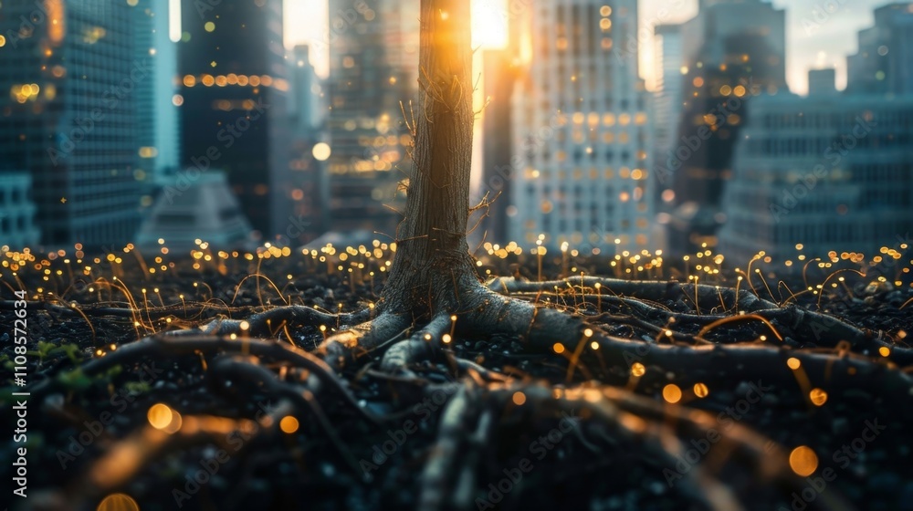 Poster a root system cradling a city skyline symbolizing the potential for blockchain to revolutionize and 