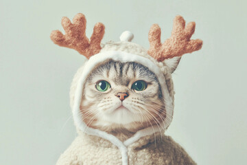 An adorable cat wearing a fluffy white costume with reindeer antlers, exuding a playful and festive holiday charm