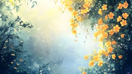 Yellow Flowers Blossom in a Dreamlike Garden Setting