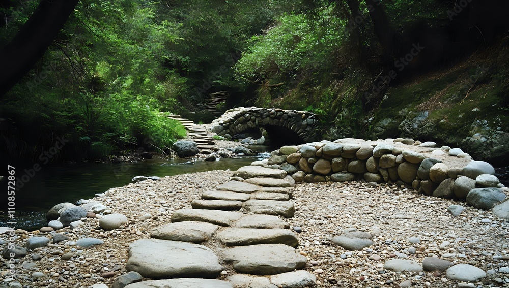 Poster serene stone pathway leading to a rustic stone bridge over a tranquil stream in a lush forest