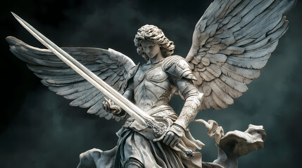 Fototapeta premium Angel statue with wings and sword - realistic image. Immortal. Illustration