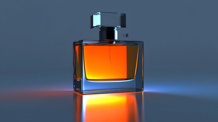 Glowing amber perfume in a square glass bottle with a clear cap, reflecting on a dark surface.