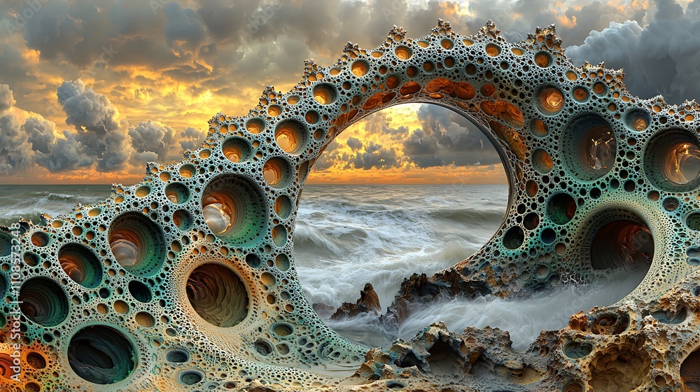 Poster intricate fractal patterns creating a harmonious blend of nature and abstract art under a cloudy sun