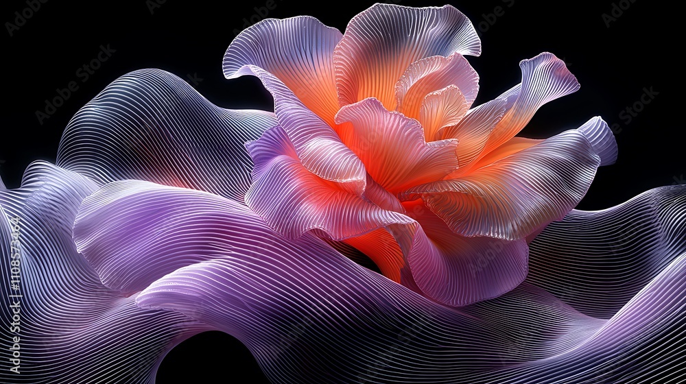 Poster delicate intricate geometric patterns formed by flowing curves and vibrant colors in a serene abstra