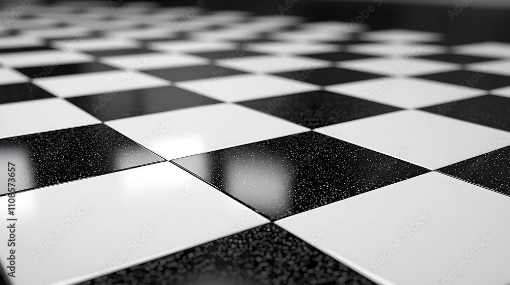Poster minimalist black and white checkerboard pattern flooring with glossy finish and soft reflections ide
