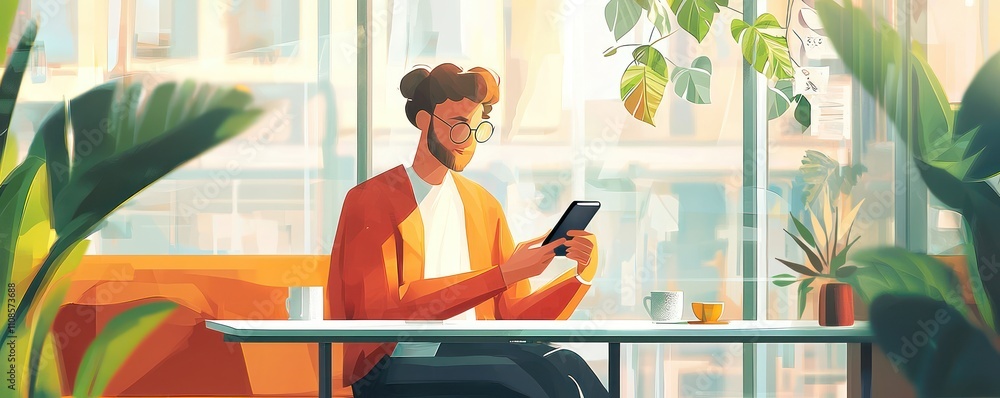 Poster casual cafe scene with a person using a smartphone for casual content display.