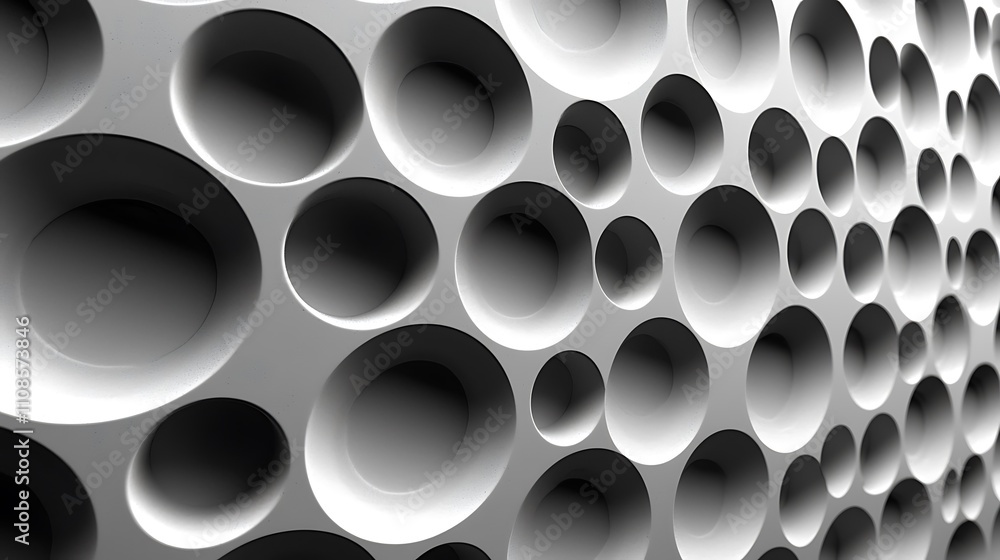 Poster abstract design featuring simplistic circles in alternating sizes on a three-dimensional surface wit