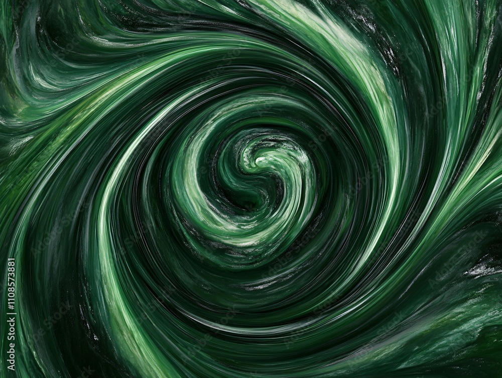 Poster a swirling abstract design featuring deep green tones and dynamic movement.