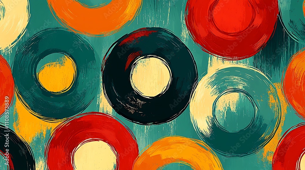 Poster bright and bold abstract circles in alternating sizes and colors featuring simplistic art style idea