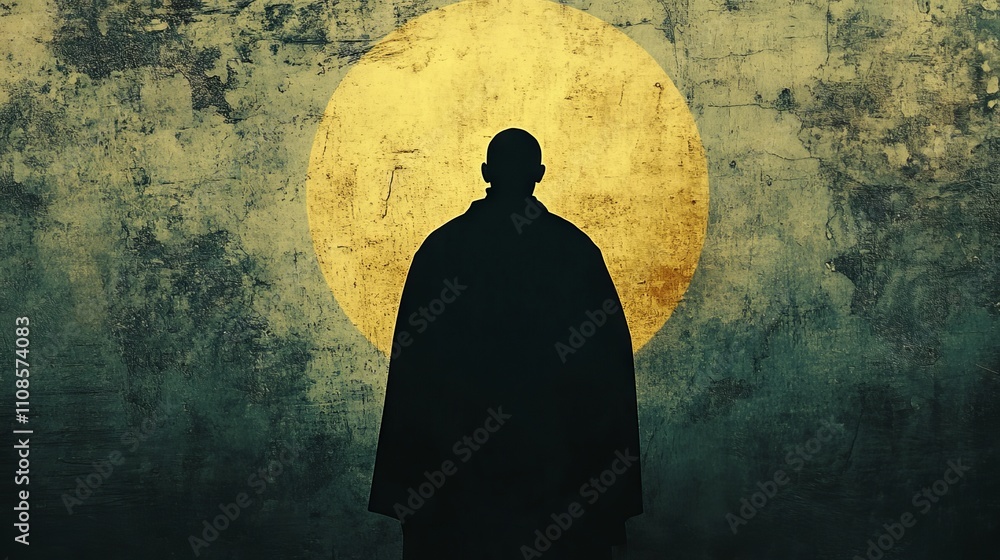 Poster a man is standing in front of a large yellow moon. the image has a mysterious and eerie mood, as the
