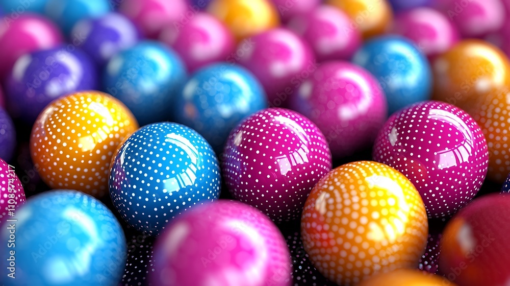 Poster colorful three-dimensional spheres scattered on a surface, featuring a vibrant array of textures and