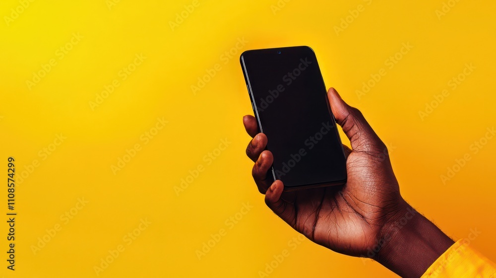 Poster mobile phone displayed between fingers with empty screen for ads.