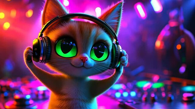 Cute Cat with Headphones in a Colorful DJ Set-Up, Highlighting the Joy of Music and Playfulness